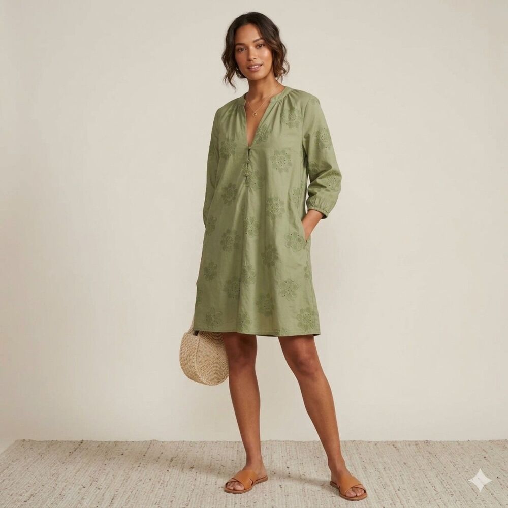 Cynthia Rowley Olive Green Embroidered Eyelet Floral V-Neck Mini Dress Size XL